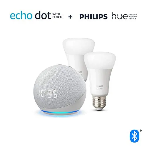 All-new Echo Dot (4th generation) with clock, Glacier White   Philips Hue White Smart Bulb Twin Pack LED (E27) | Bluetooth & ZigBee compatible (no hub required)