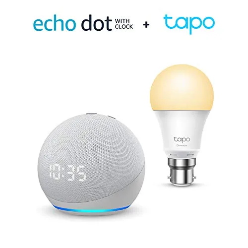 All-new Echo Dot (4th generation) with clock, Glacier White   TP-Link Tapo smart bulb (B22), Works with Alexa