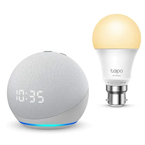 All-new Echo Dot (4th generation) with clock, Glacier White   TP-Link Tapo smart bulb (B22), Works with Alexa