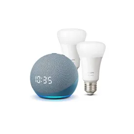 All-new Echo Dot (4th generation) with clock, Twilight Blue   Philips Hue White Smart Bulb Twin Pack LED (E27) | Bluetooth & ZigBee compatible (no hub required)