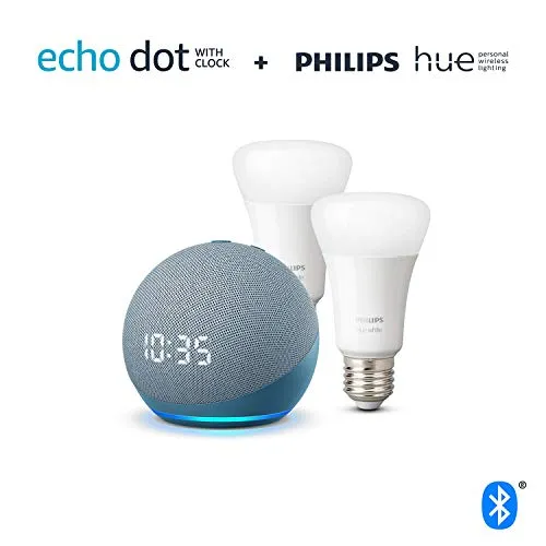 All-new Echo Dot (4th generation) with clock, Twilight Blue   Philips Hue White Smart Bulb Twin Pack LED (E27) | Bluetooth & ZigBee compatible (no hub required)