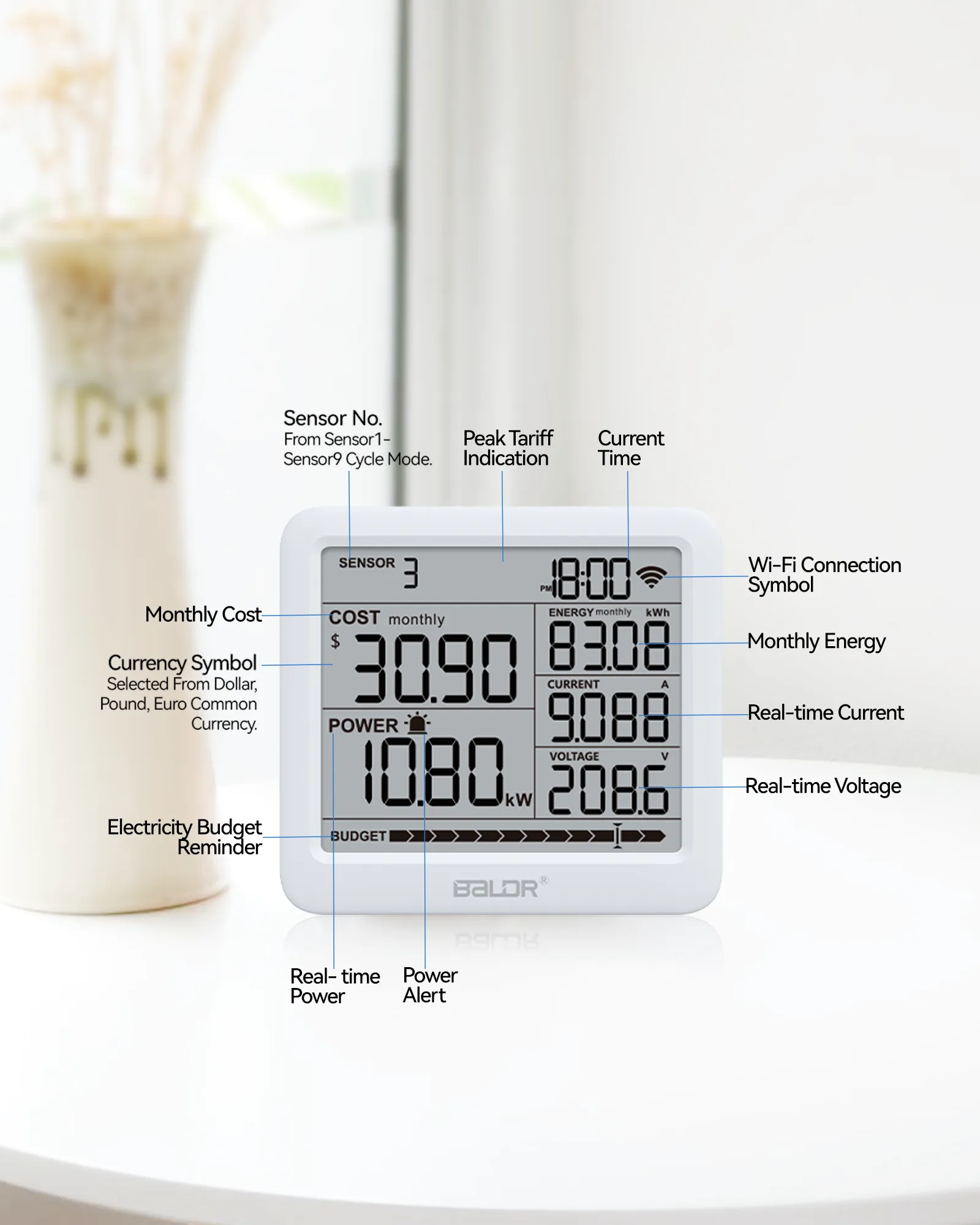 BALDR Wi-Fi Power Meter Hub with One Smart Socket - Remotely Monitor Energy Consumption, Set Tariffs & Budget Alerts - Expandable Energy Monitoring System for Multiple Appliances, 2.4GHZ wifi Network Only