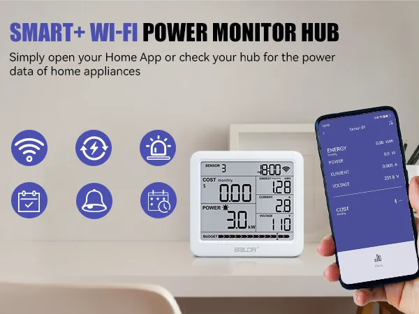 BALDR Wi-Fi Power Meter Hub with One Smart Socket - Remotely Monitor Energy Consumption, Set Tariffs & Budget Alerts - Expandable Energy Monitoring System for Multiple Appliances, 2.4GHZ wifi Network Only