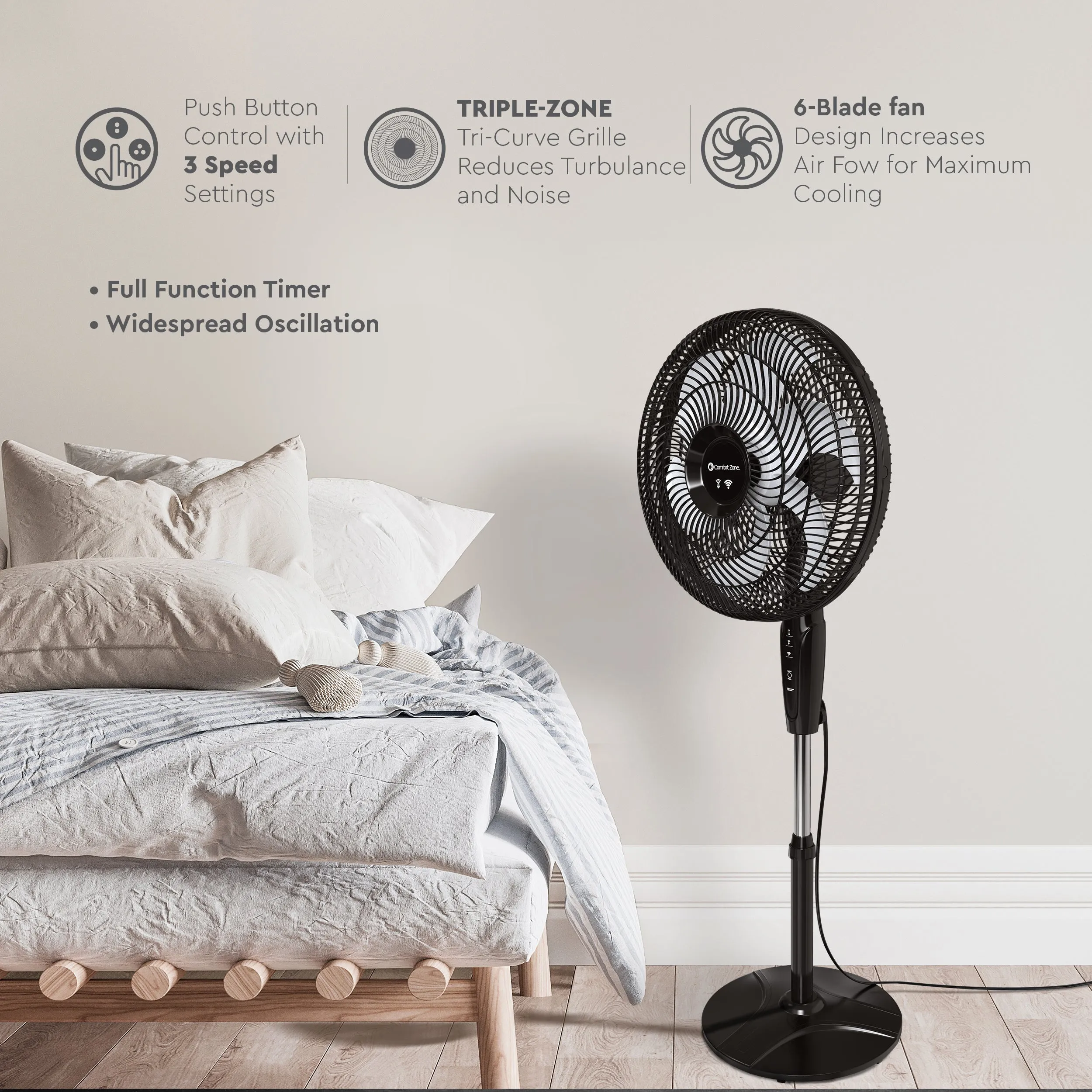 Comfort Zone 18" Smart WiFi 3-Speed Oscillating Stand Fan, Wall-Mountable, White & Black