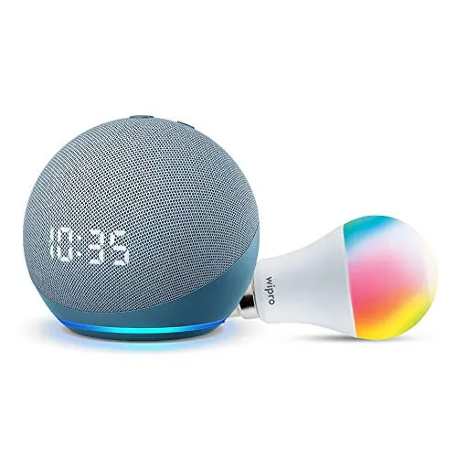 Echo Dot (4th Gen, Blue) with clock combo with Wipro 9W LED smart color Bulb