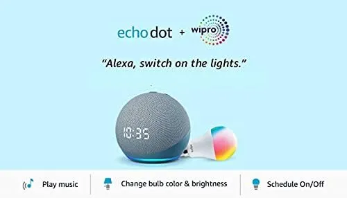 Echo Dot (4th Gen, Blue) with clock combo with Wipro 9W LED smart color Bulb