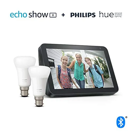 Echo Show 8, Charcoal Fabric   Philips Hue White Smart Bulb Twin Pack LED (B22) | Bluetooth & ZigBee compatible (no hub required)