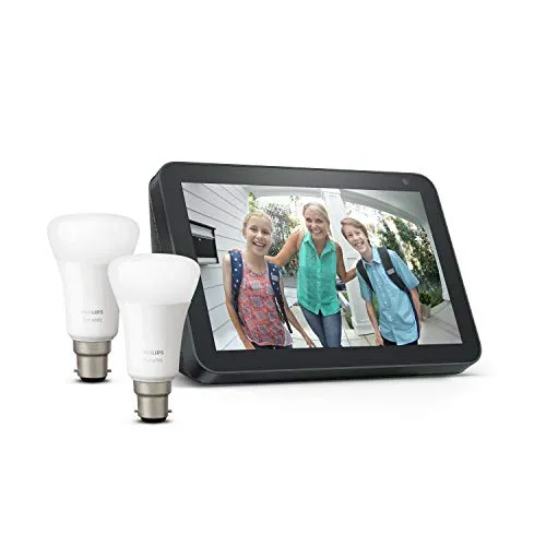 Echo Show 8, Charcoal Fabric   Philips Hue White Smart Bulb Twin Pack LED (B22) | Bluetooth & ZigBee compatible (no hub required)