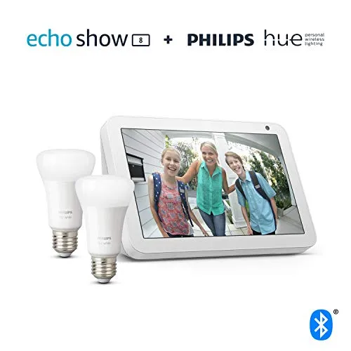 Echo Show 8, Sandstone Fabric   Philips Hue White Smart Bulb Twin Pack LED (E27) | Bluetooth & ZigBee compatible (no hub required)