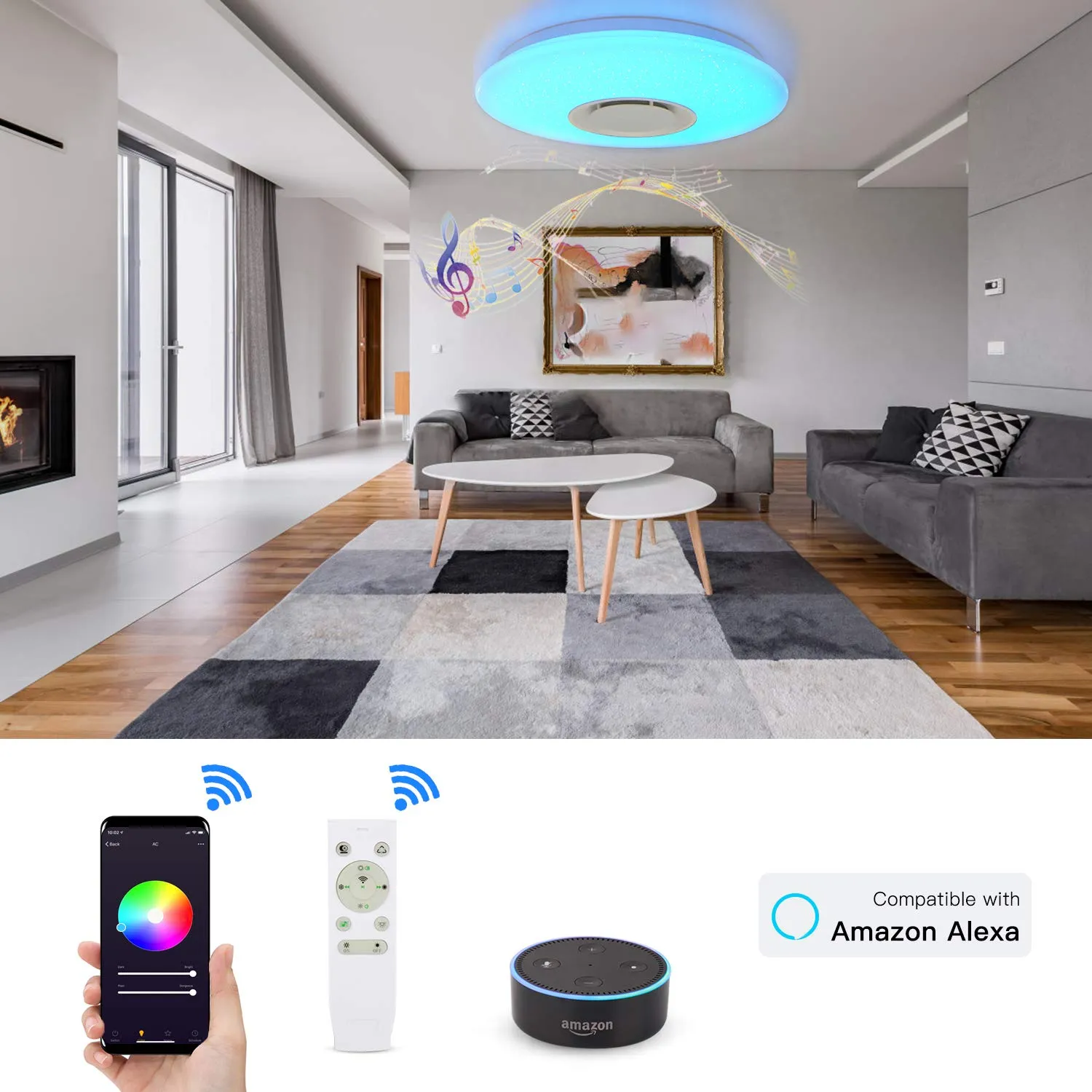 Elinkume Ceiling Light with Smart Alexa WiFi Ceiling Lamp 36W, LED Ceiling Light Dimmable Multi Colour with Bluetooth-Speakers,Remote Control,Compatible with Amazon Alexa for Bedroom,Children's Room