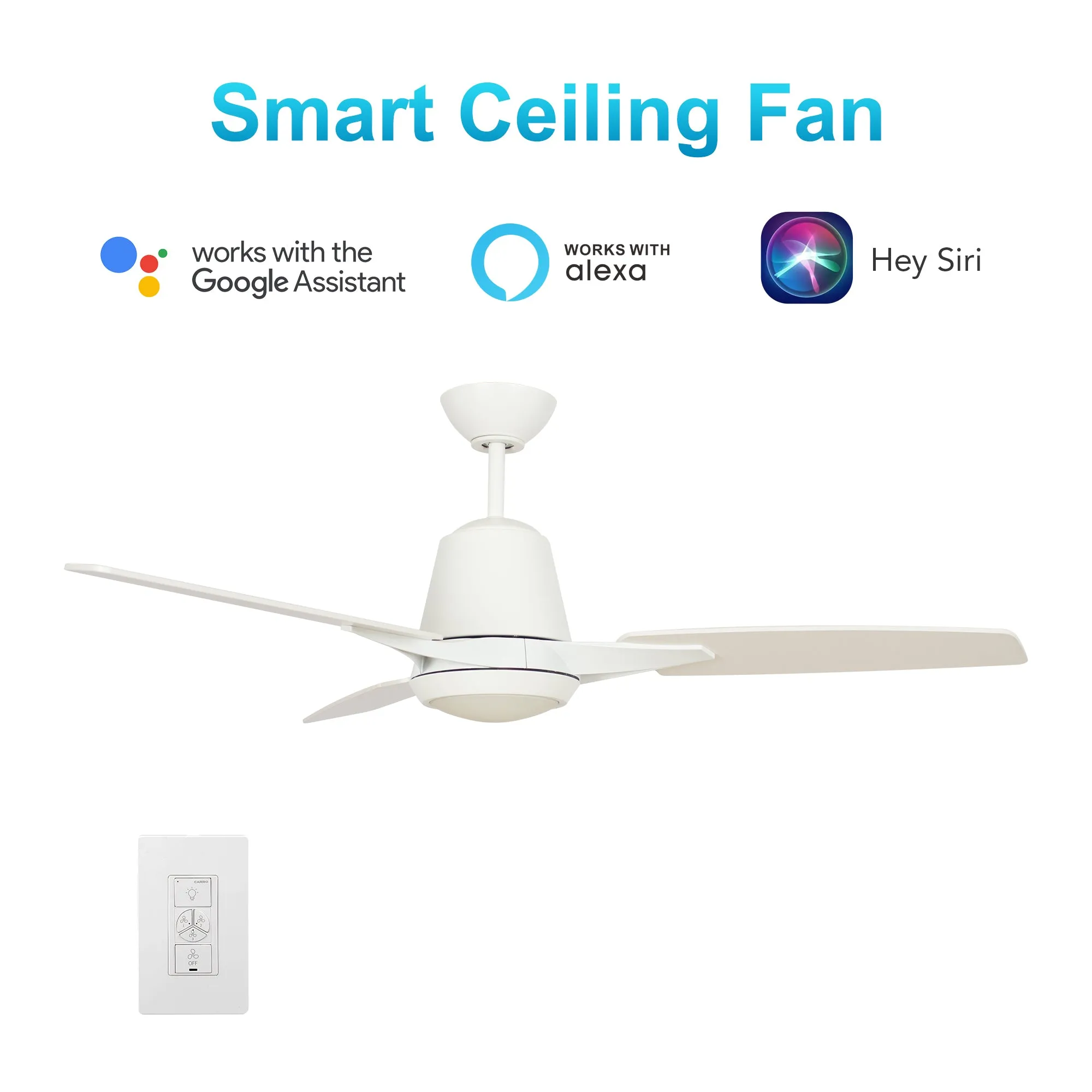 EUNOIA 52'' 3-Blade Smart Ceiling Fan with LED Light Kit & Wall Switch - White/White