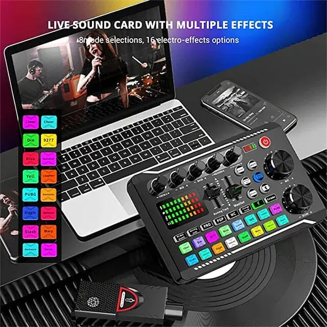 F998 Live Sound Card Audio Mixer Podcast Audio Interface with DJ Mixer Effects