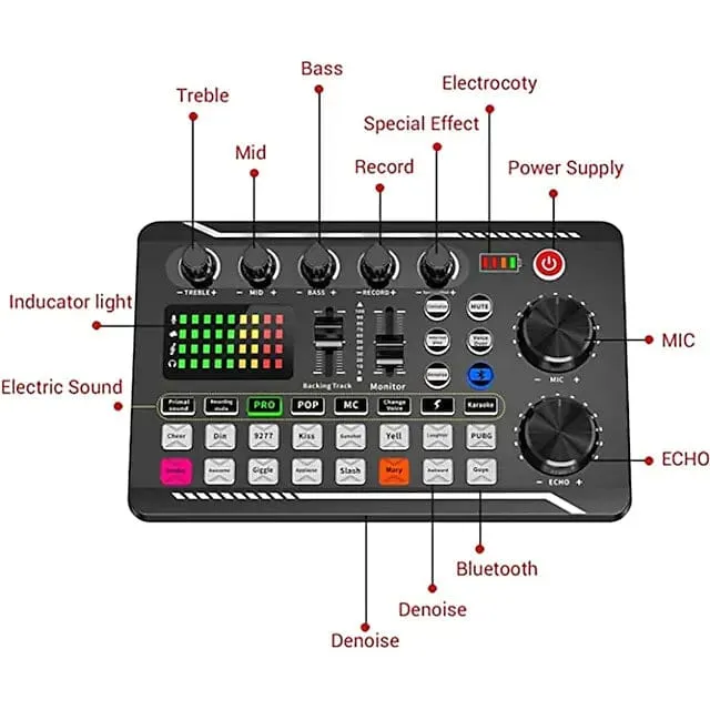 F998 Live Sound Card Audio Mixer Podcast Audio Interface with DJ Mixer Effects