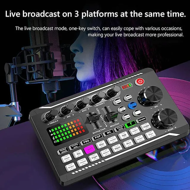 F998 Live Sound Card Audio Mixer Podcast Audio Interface with DJ Mixer Effects