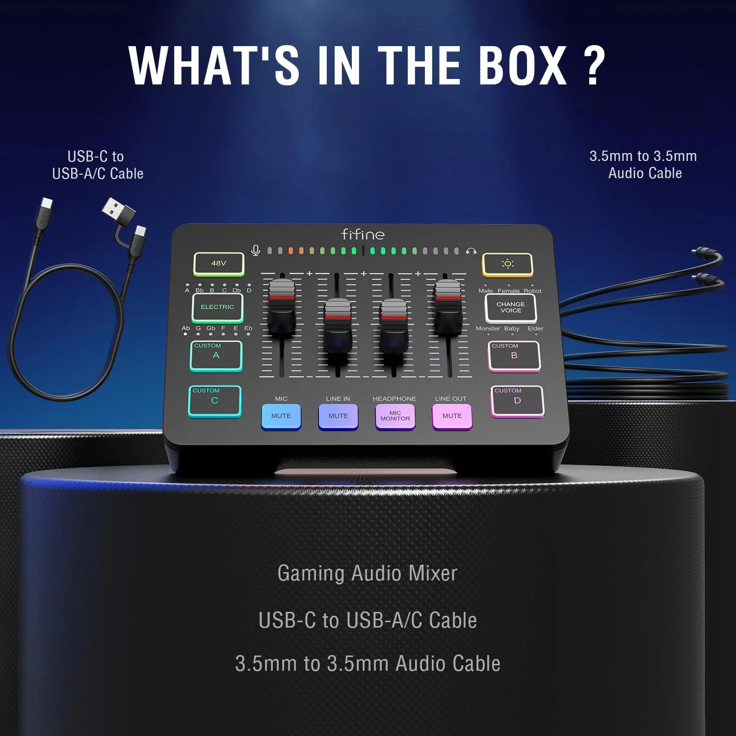 Gaming Audio Mixer, Streaming RGB PC Mixer with XLR Microphone Interface, Individual Control, Volume Fader, Mute Button, 48V Phantom Power