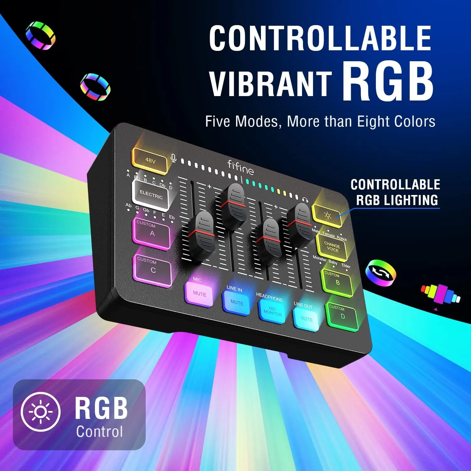 Gaming Audio Mixer, Streaming RGB PC Mixer with XLR Microphone Interface, Individual Control, Volume Fader, Mute Button, 48V Phantom Power