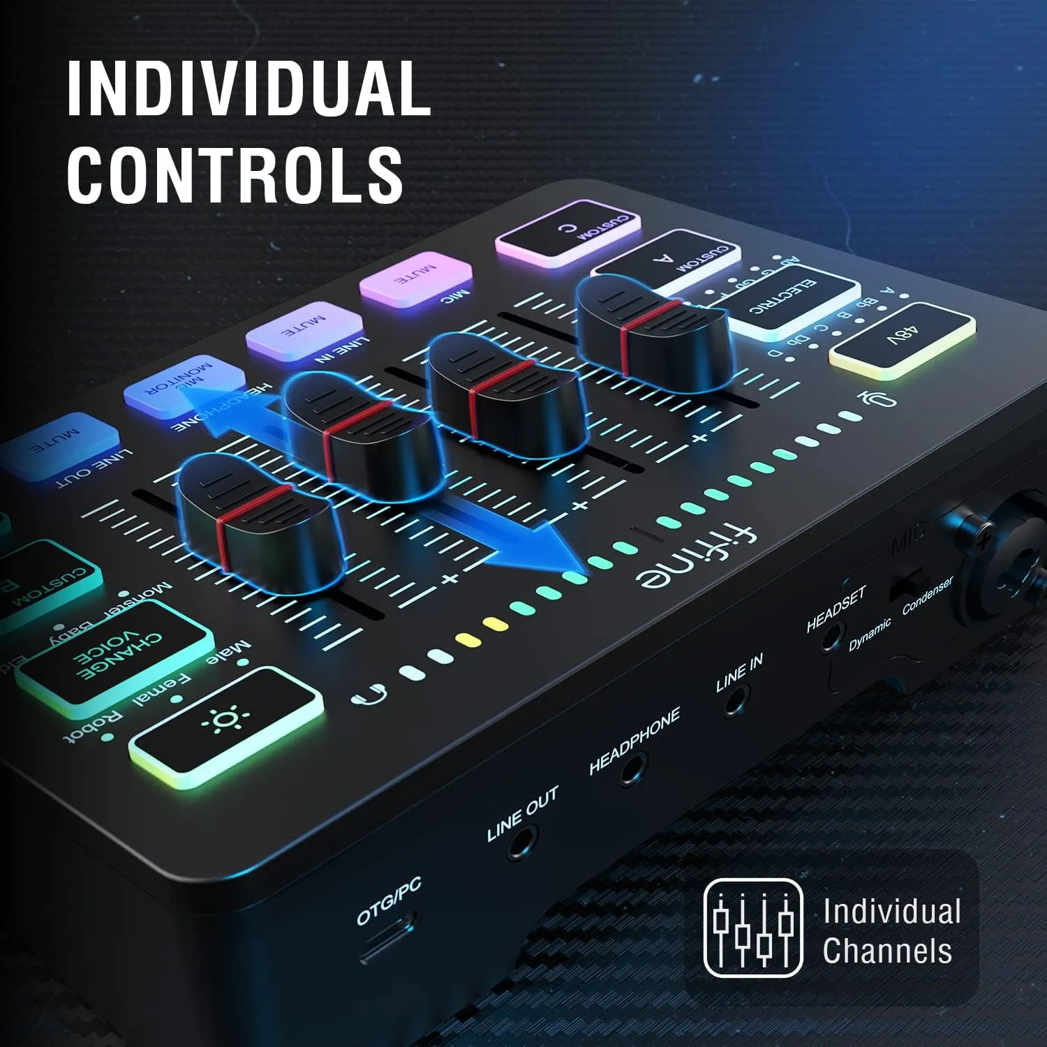 Gaming Audio Mixer, Streaming RGB PC Mixer with XLR Microphone Interface, Individual Control, Volume Fader, Mute Button, 48V Phantom Power