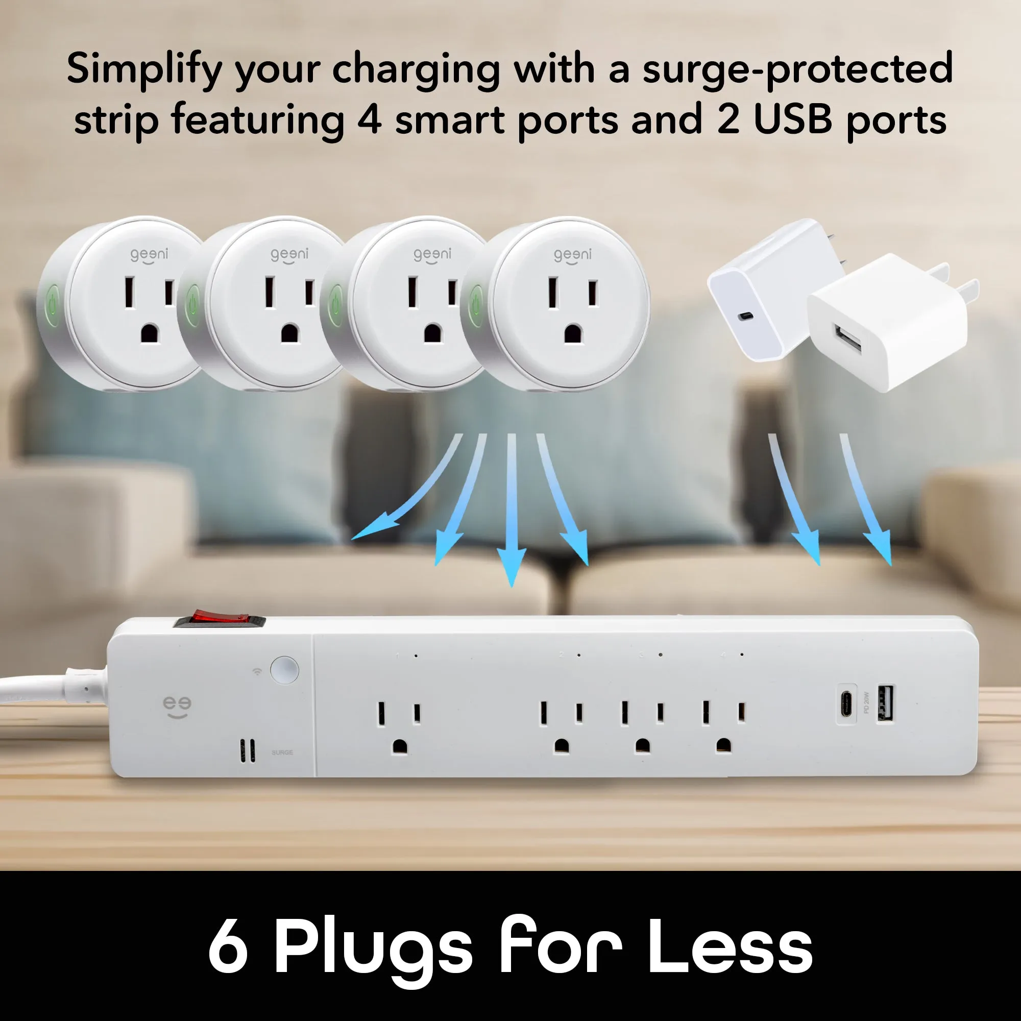 Geeni Multi Outlet Plug in, Smart 4 Outlet Wall Plug Plus 2 USB Ports