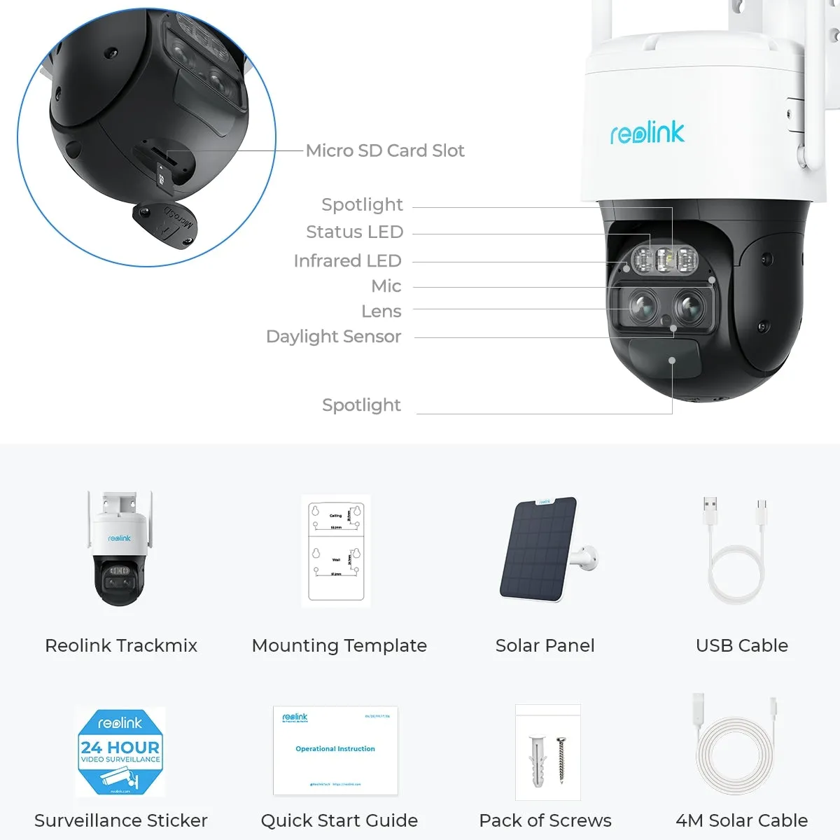 Reolink 2K  WiFi Auto-Zoom Tracking Security Camera Battery/Solar Powered  , Trackmix Solar Panel