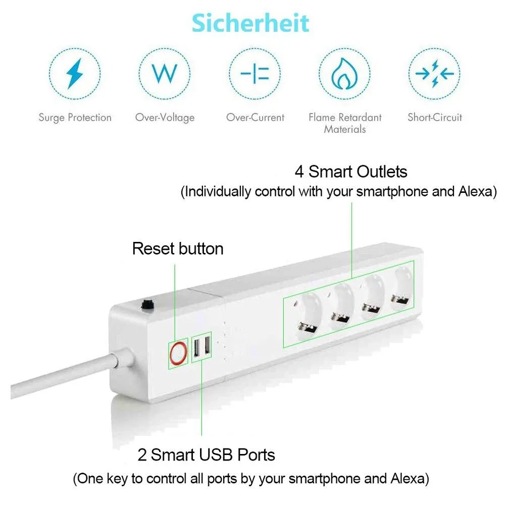 Smart Power Strip 16A, Smart Power Bar Multiple Outlet Extension Cord with 2 USB and 4 AC Plugs by Tuya