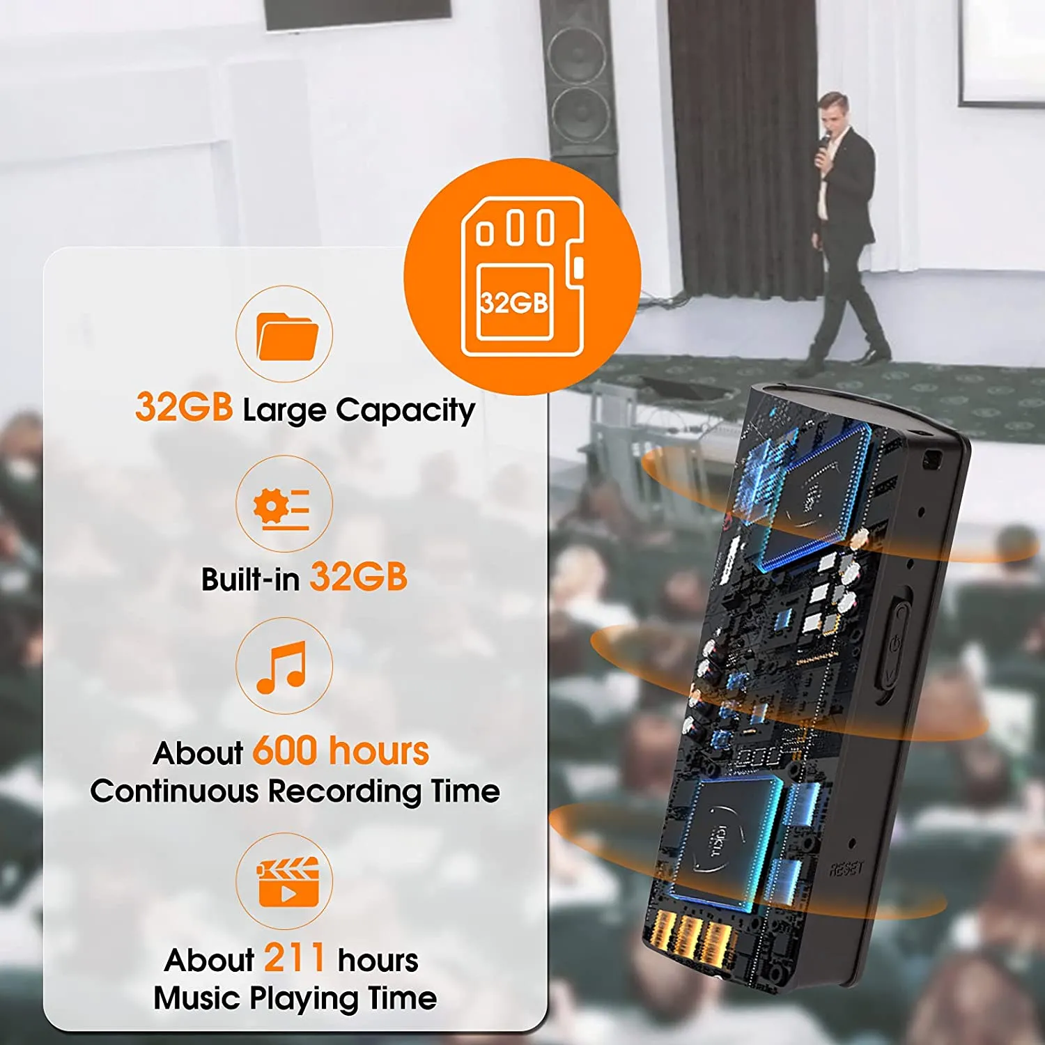 Voice Activated Audio Recorder, 32GB one touch key recording